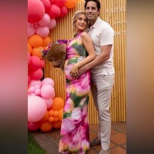 Misa Los Angeles Vibrant Pink and Green Dress